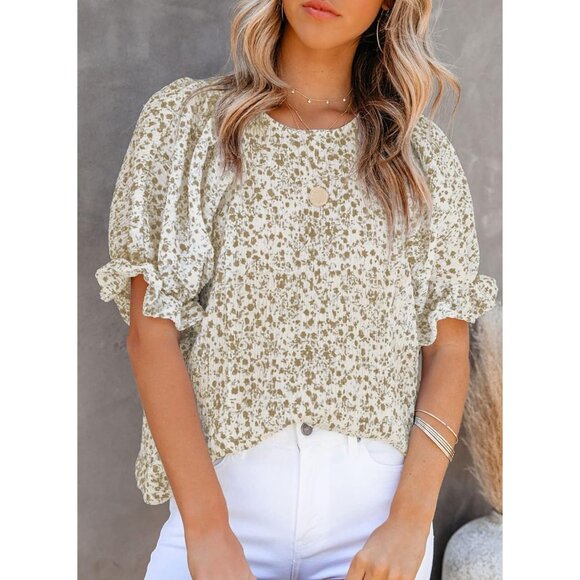 Women Khaki Print Blouse Crewneck Smocked Puff Sleeve Shirts Casual Babydoll Top - Picture 2 of 7